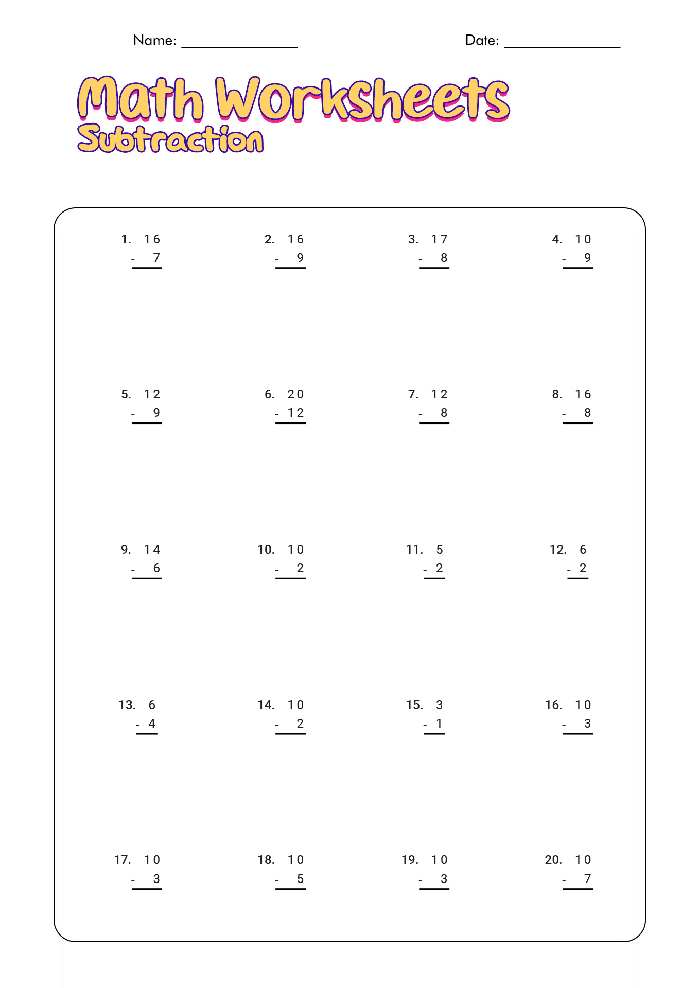 12 First Grade Subtraction Math Worksheets Printable Worksheeto 12 First Grade Subtraction Math Worksheets Printable Worksheeto