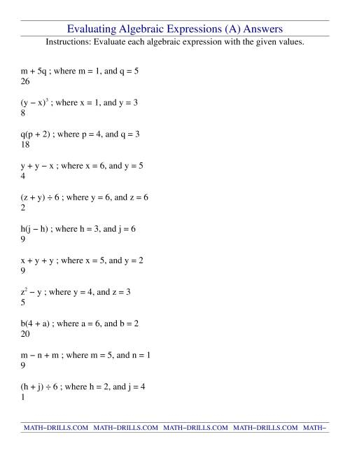 Evaluating Algebraic Expressions A Evaluating Algebraic Expressions A