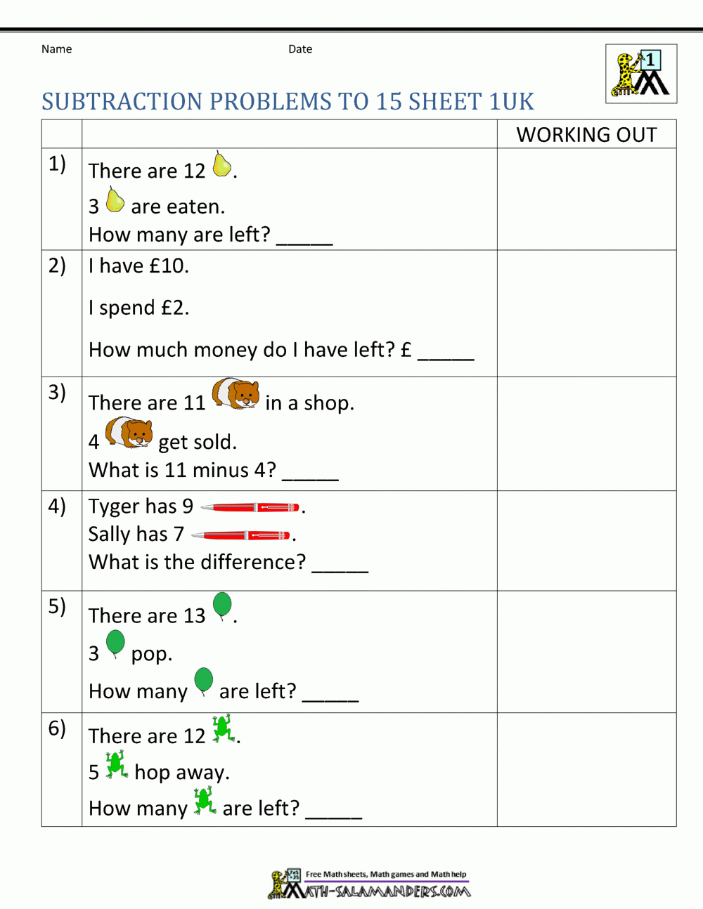 Grade 1 Word Problems Addition Word Problems single Digits