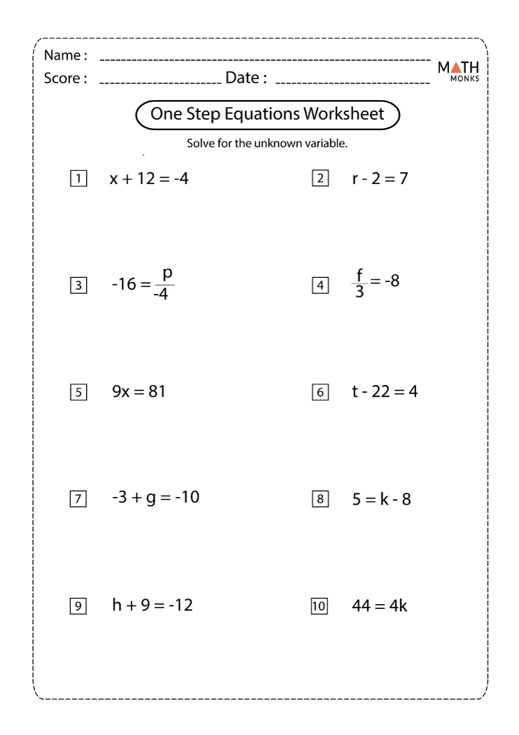 One Step Equations Worksheets Math Monks One Step Equations Worksheets Math Monks