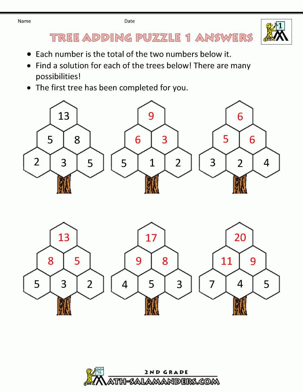 Tree Adding Puzzle 1 Answers Maths Puzzles 2nd Grade Math Worksheets Tree Adding Puzzle 1 Answers Maths Puzzles 2nd Grade Math Worksheets