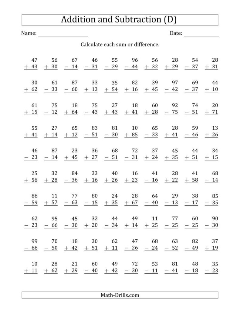 100 Two Digit Addition And Subtraction Questions With Sums Minuends To 