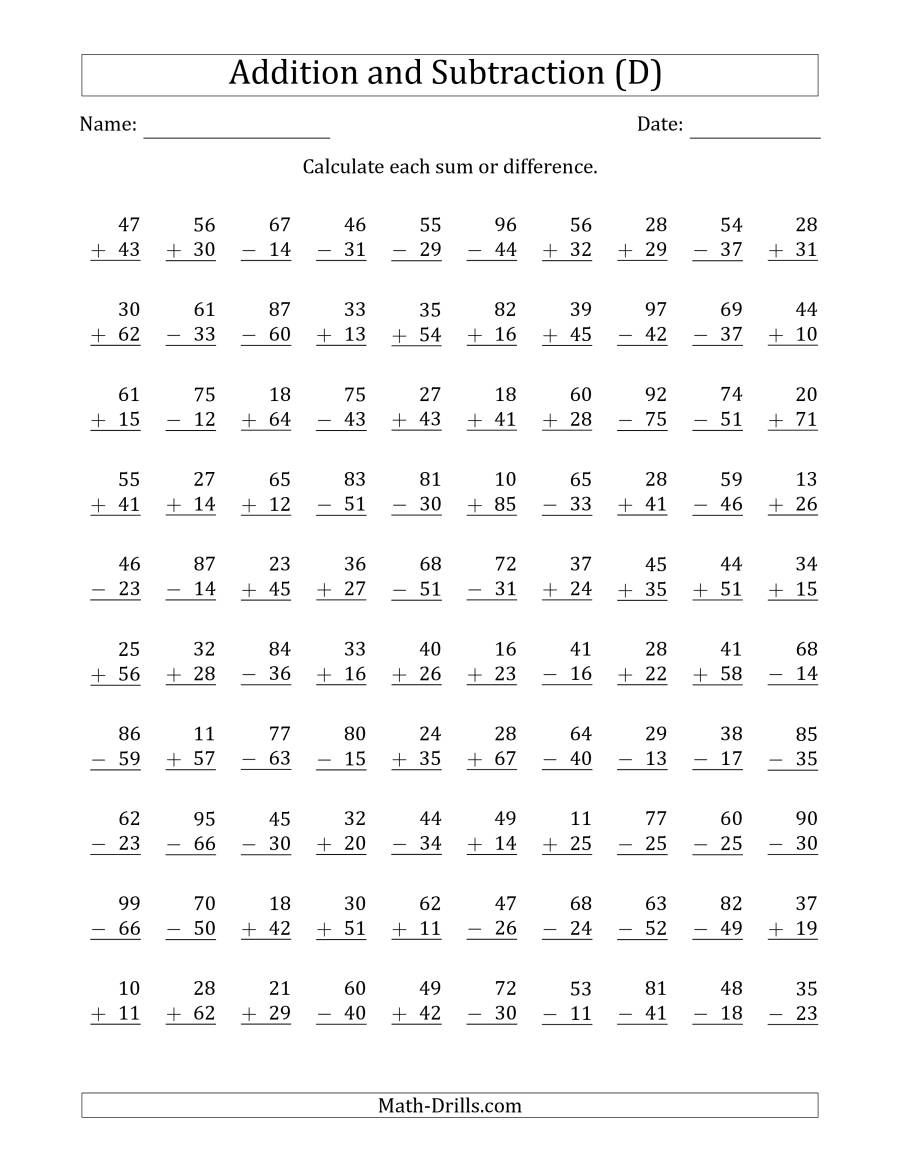 100 Two Digit Addition And Subtraction Questions With Sums Minuends To 100 Two Digit Addition And Subtraction Questions With Sums Minuends To