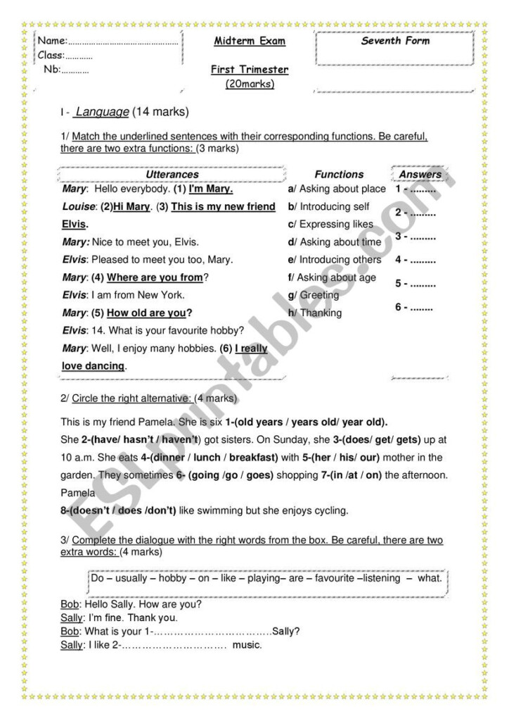 7th Grade First Trimester Midterm Exam 2020 ESL Worksheet By Sammy tn