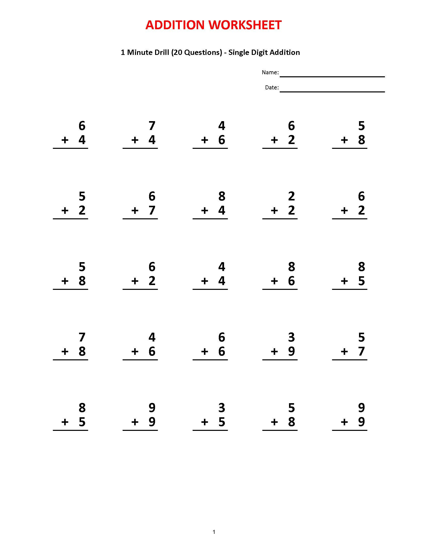 Addition Drills Printable Addition Drills Printable