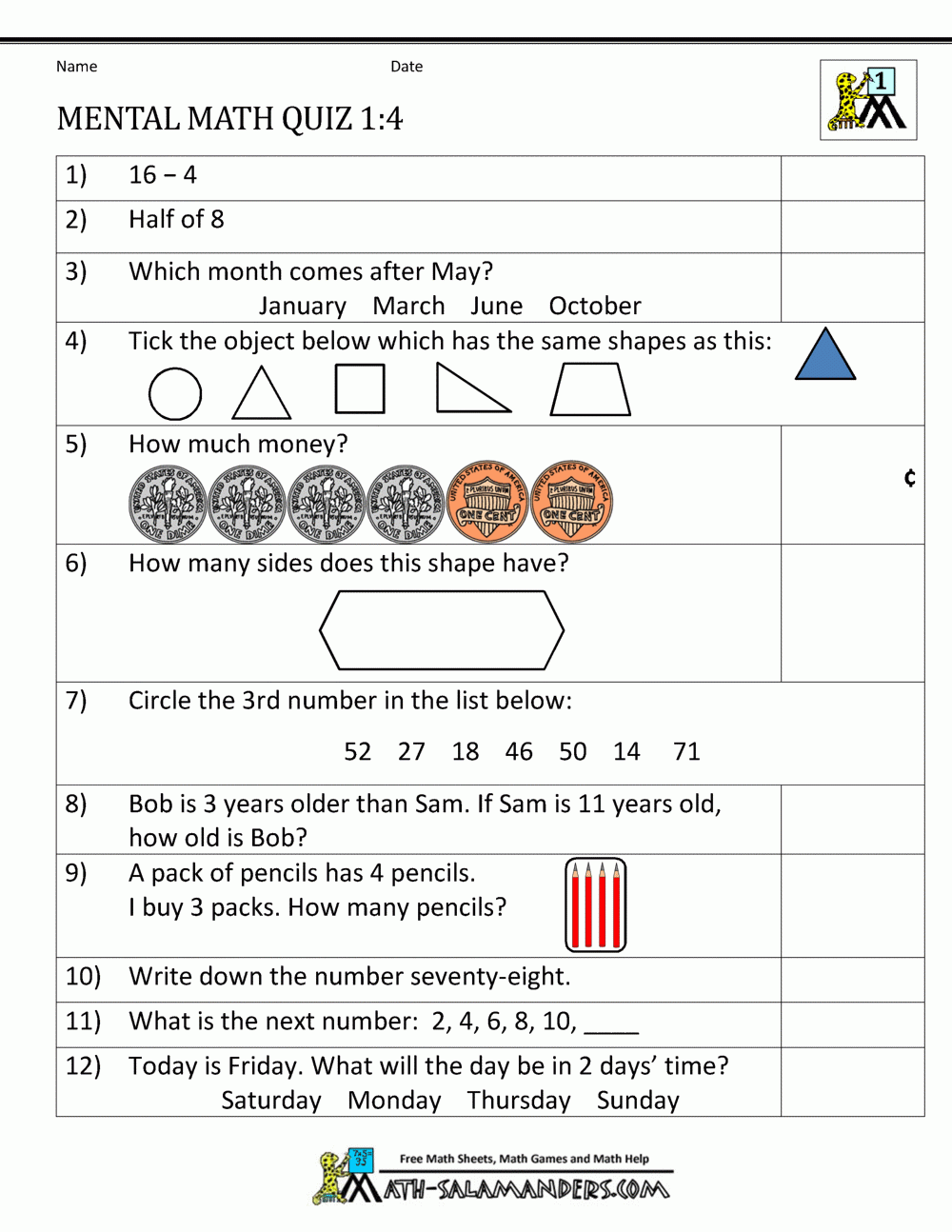 First Grade Mental Math Worksheets First Grade Mental Math Worksheets