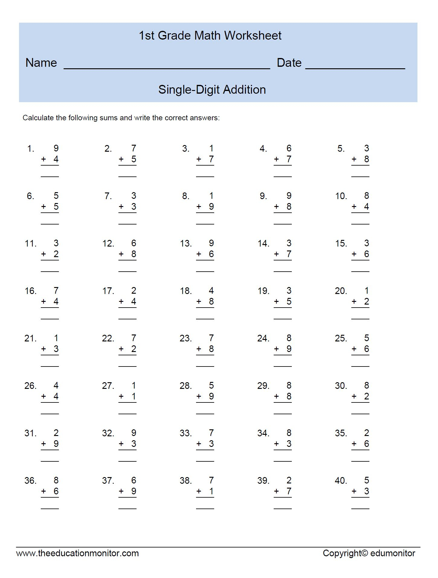 Free Printable 1st Grade Math Worksheets Addition In Pdf First Grade Free Printable 1st Grade Math Worksheets Addition In Pdf First Grade