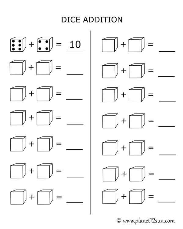 Free Printable Worksheet Dice Addition Kindergarten Addition 