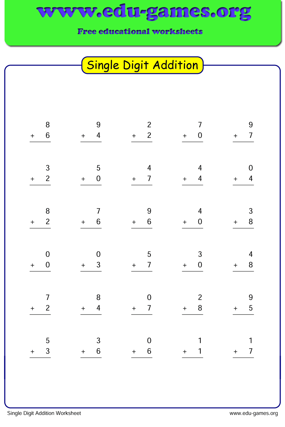Free Single Digit Addition Worksheets In Vertical Format With Plenty