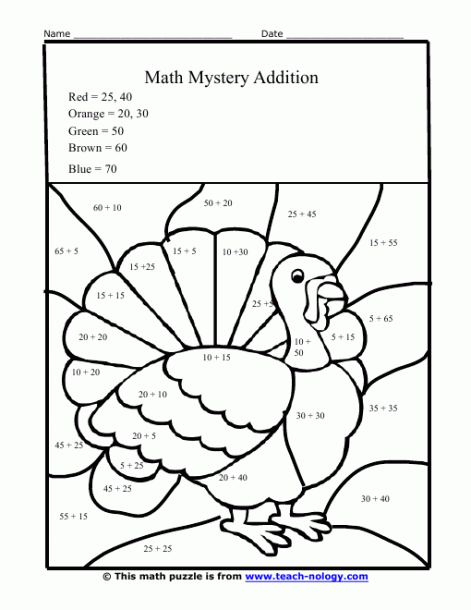Thanksgiving Addition Coloring Worksheets