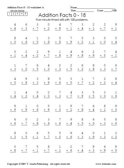 Timed Math Drill Sheets Five Minute Addition 0 18 Math Fact 