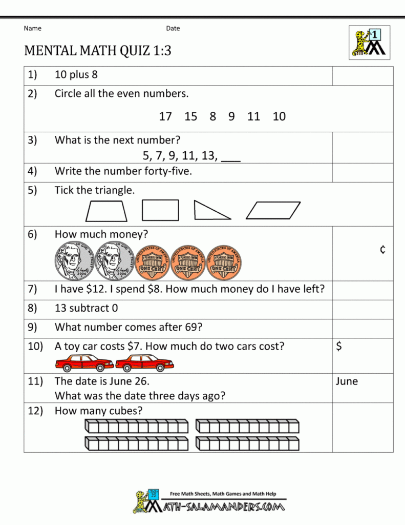 20 Mental Math Practice Worksheets