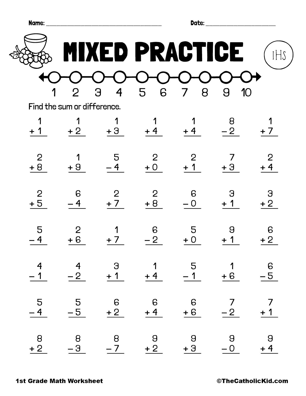 Addition Subtraction Practice 1st Grade Math Worksheet Catholic Addition Subtraction Practice 1st Grade Math Worksheet Catholic