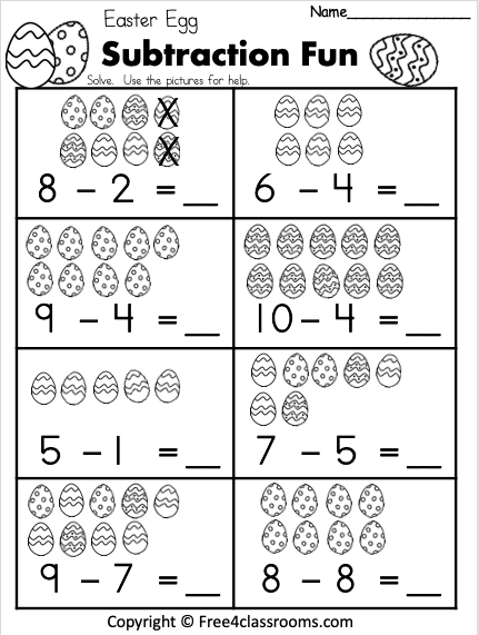 Free 1 Digit Easter Egg Subtraction Worksheet 4 Subtraction